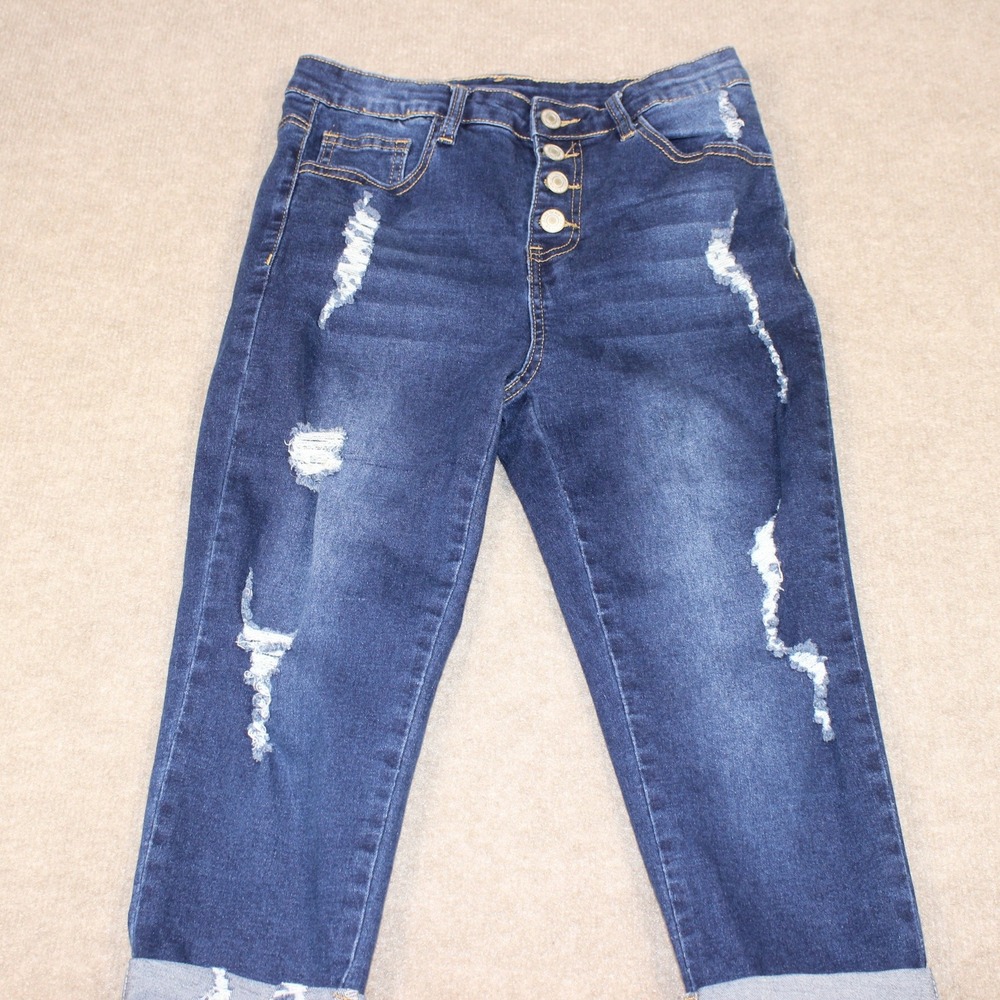 SHEIN Women Distressed High Rise Button Fly Cropped Cuffed Jeans Dark Wash Sz 6